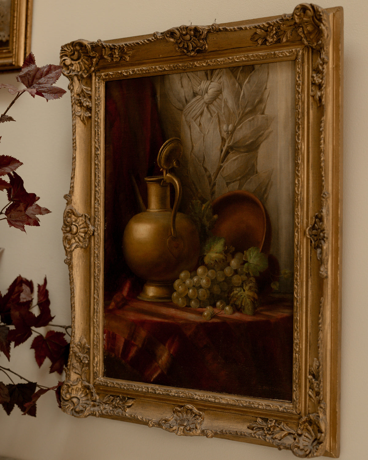 Antique Still Life with Brass Ewer & Grapes