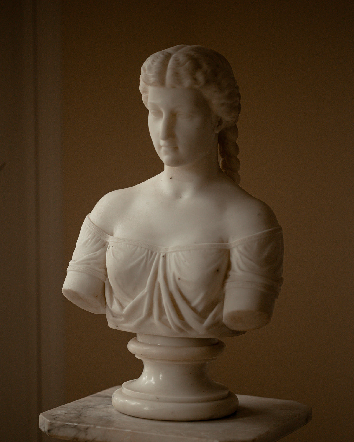 19th C. Marble Bust of Woman w/ Braids