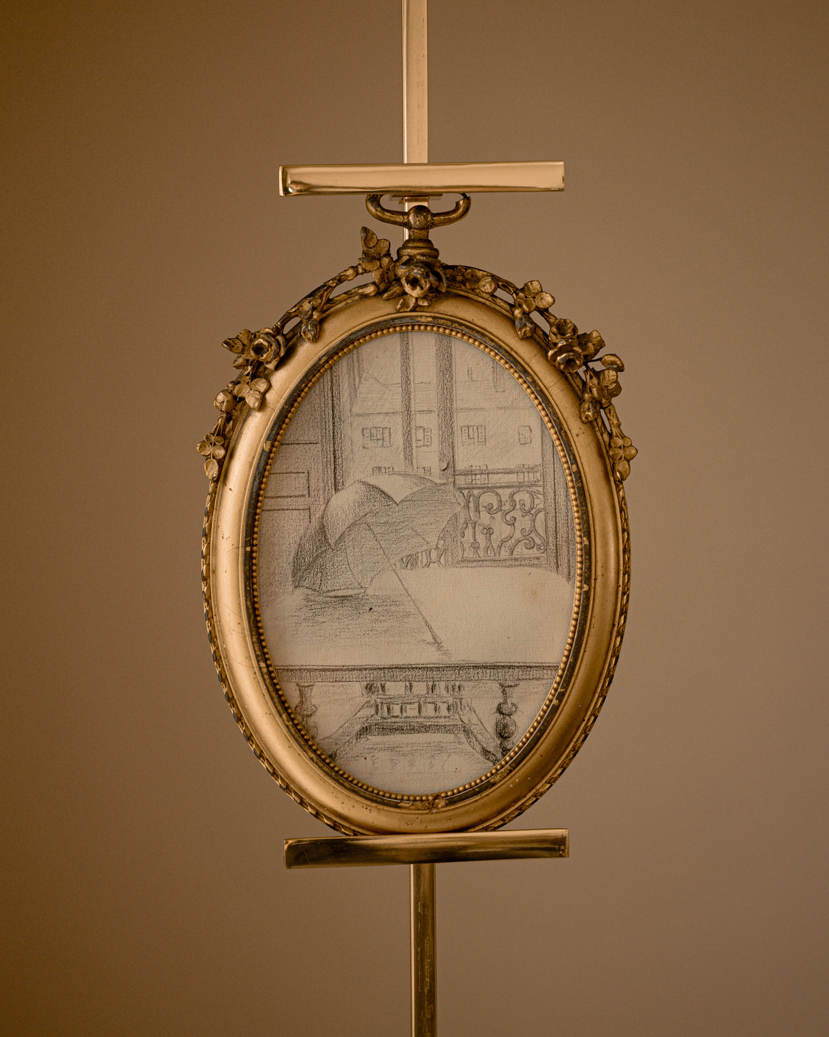 Antique French Pencil Sketch in Gilt Wood & Gesso Frame