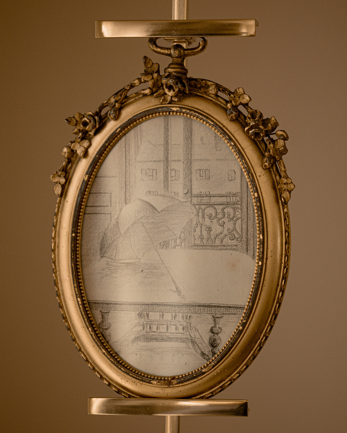 Antique French Pencil Sketch in Gilt Wood & Gesso Frame