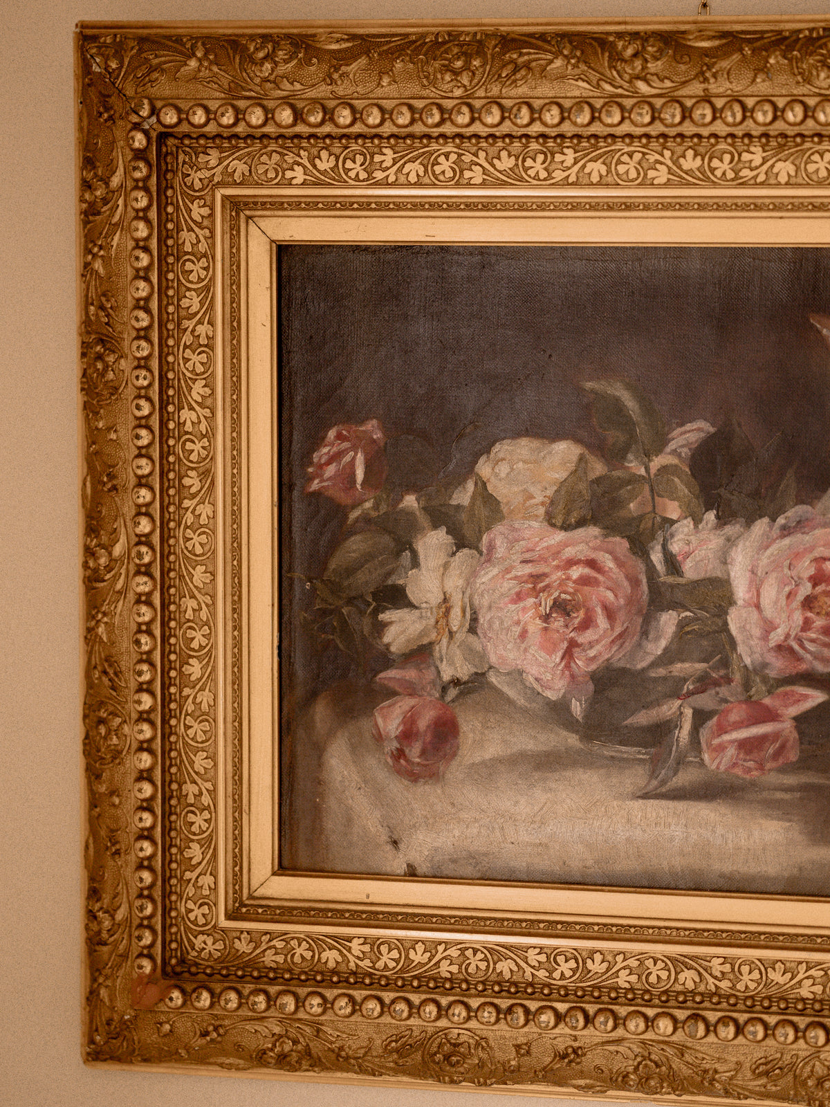 Antique Pink Roses Floral Still Life Oil Painting