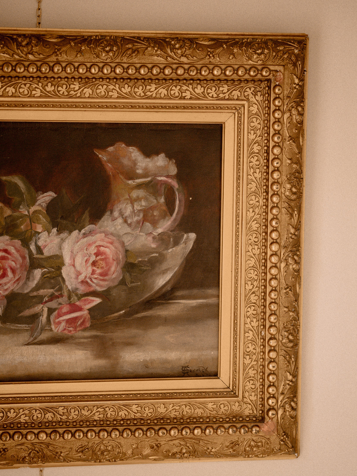 Antique Pink Roses Floral Still Life Oil Painting