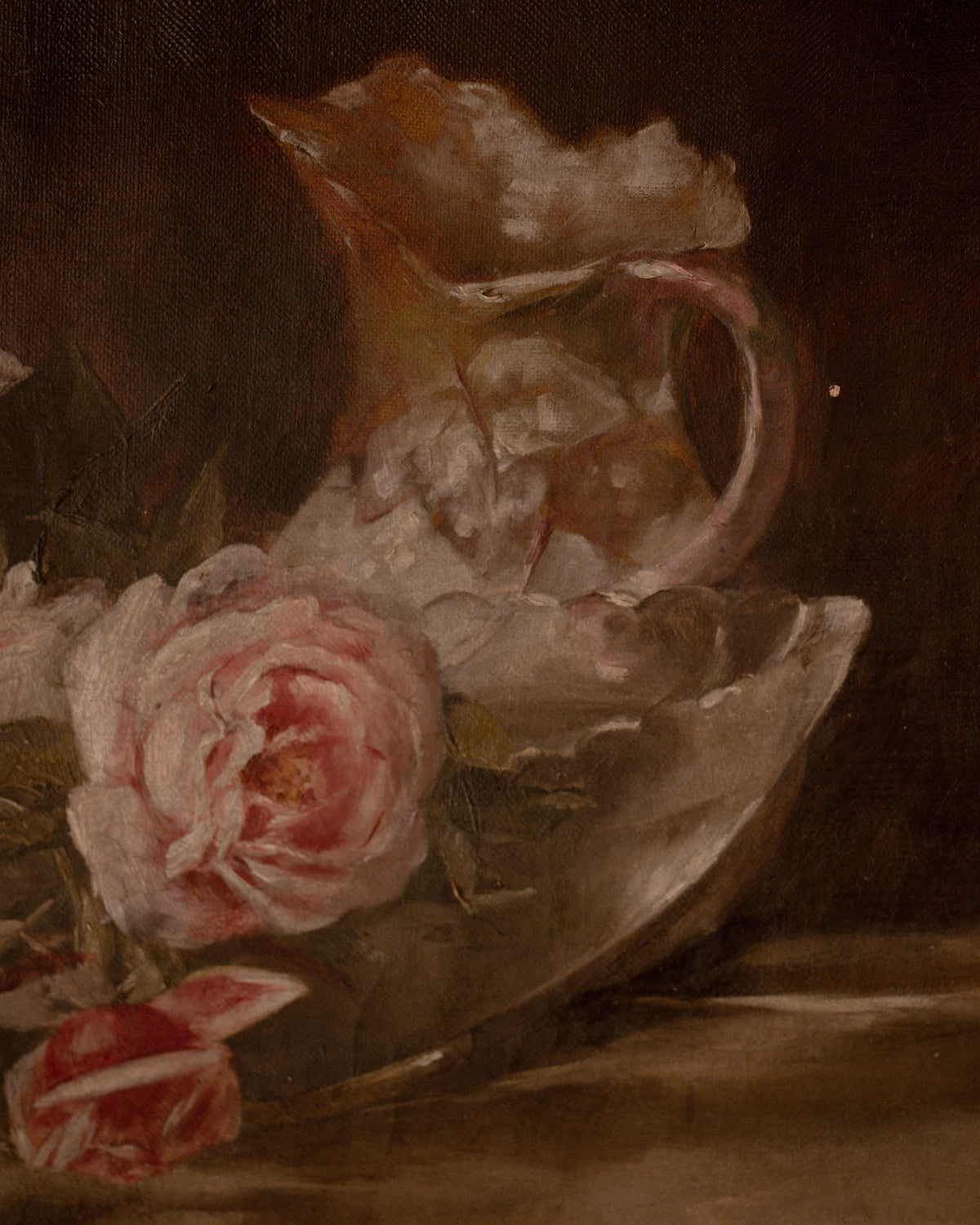 Antique Pink Roses Floral Still Life Oil Painting