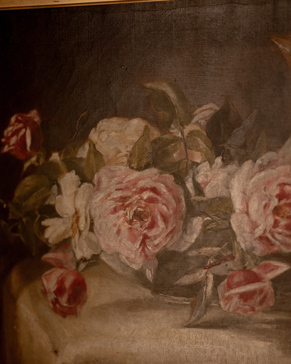 Antique Pink Roses Floral Still Life Oil Painting
