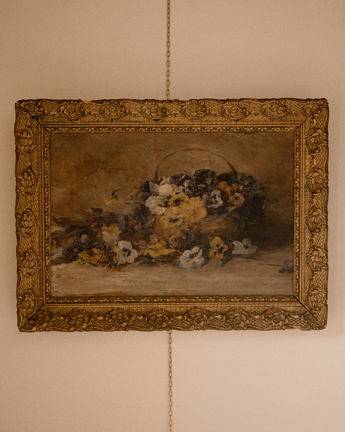 Antique Pansy Floral Still Life Oil Painting