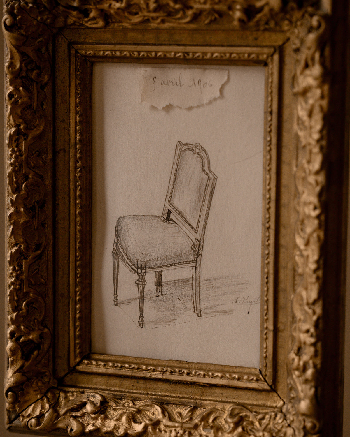 Antique French Pencil Sketch of a Chair, C. 1906
