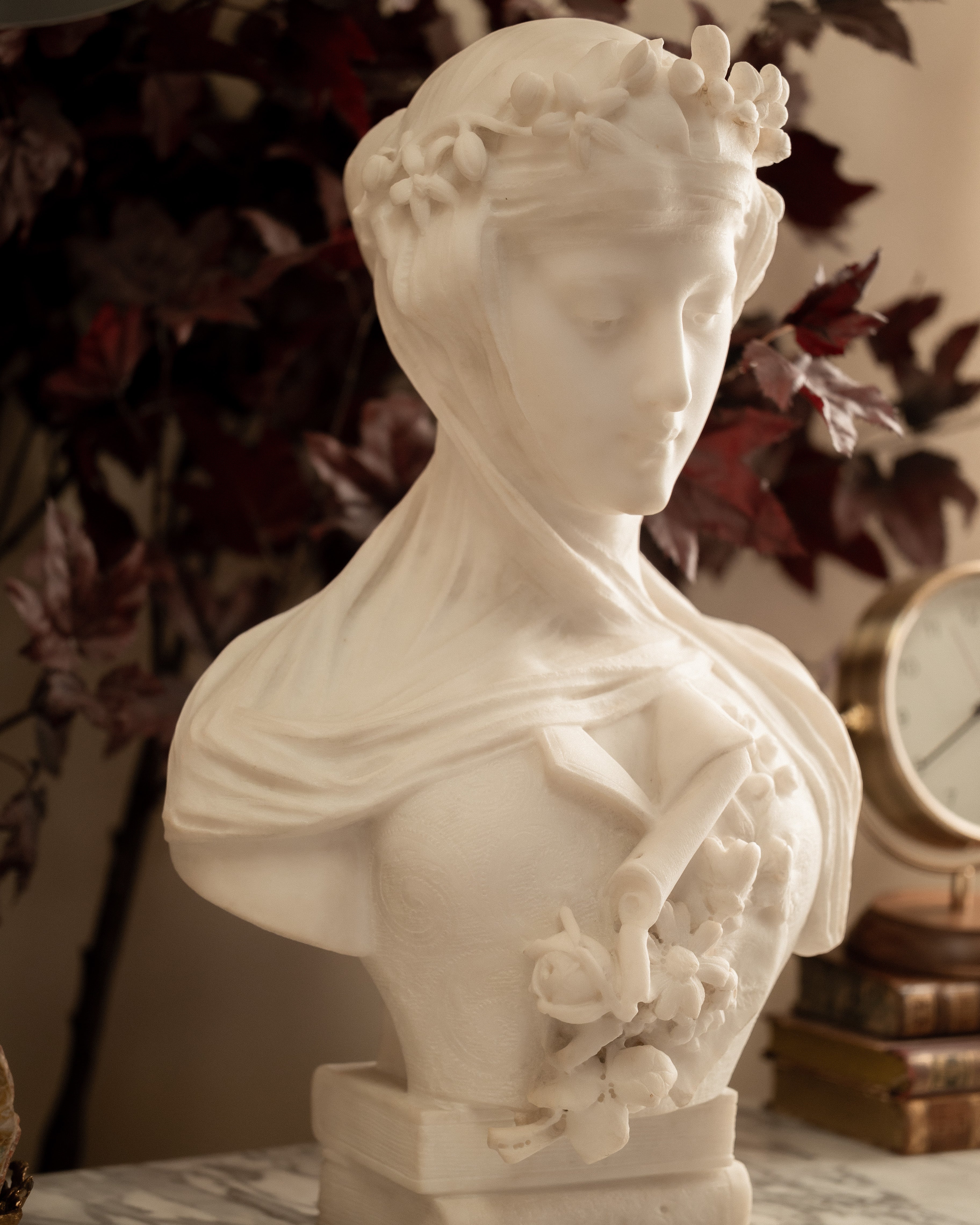 Italian Carrara Marble Bust of a Veiled Woman