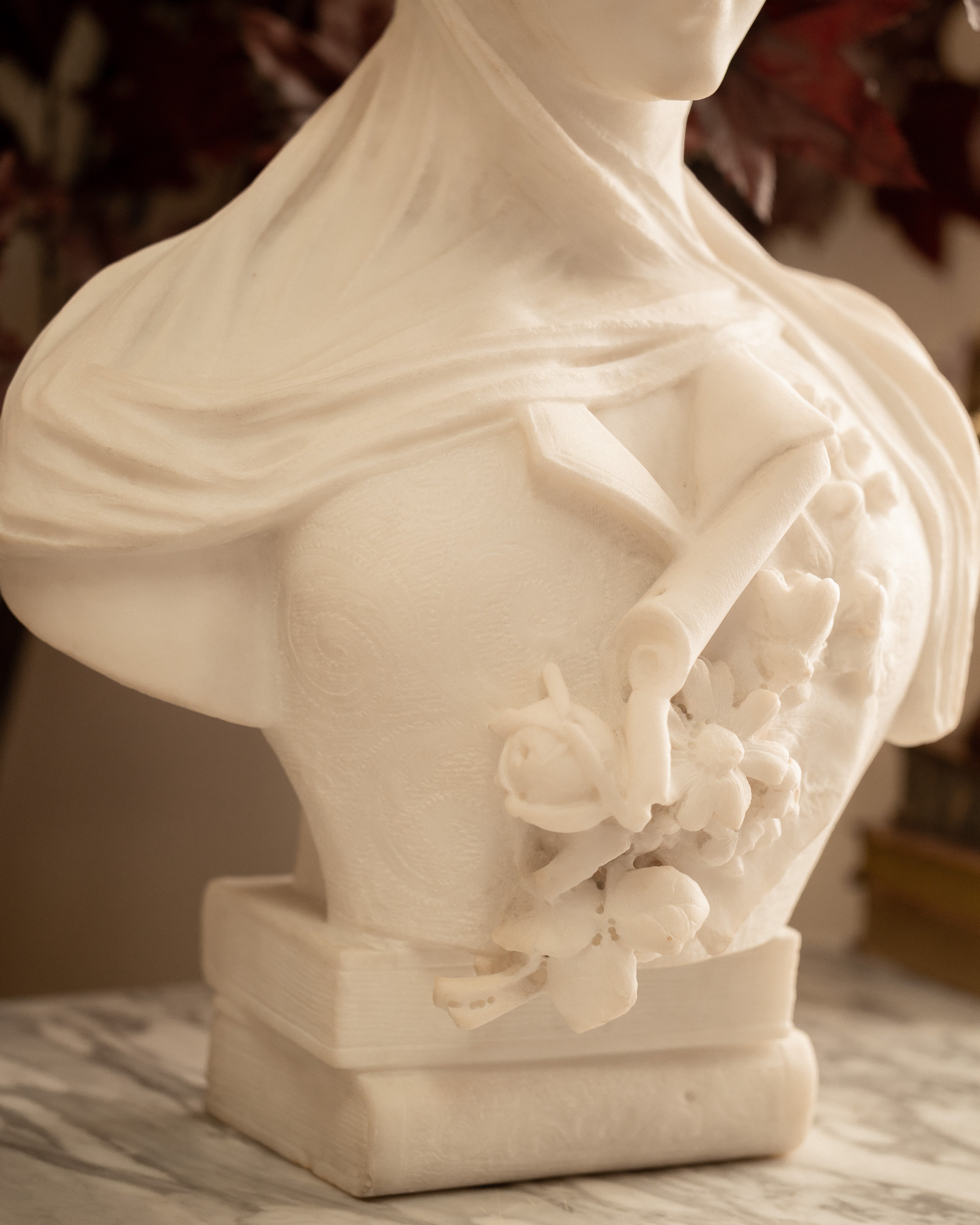 Italian Carrara Marble Bust of a Veiled Woman