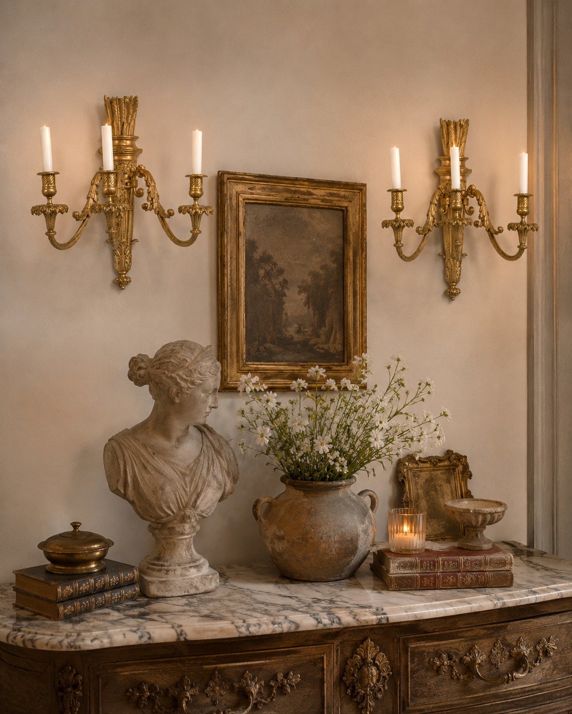 Pair of 19th C. French Gilt Bronze Three-Arm Candle Sconces