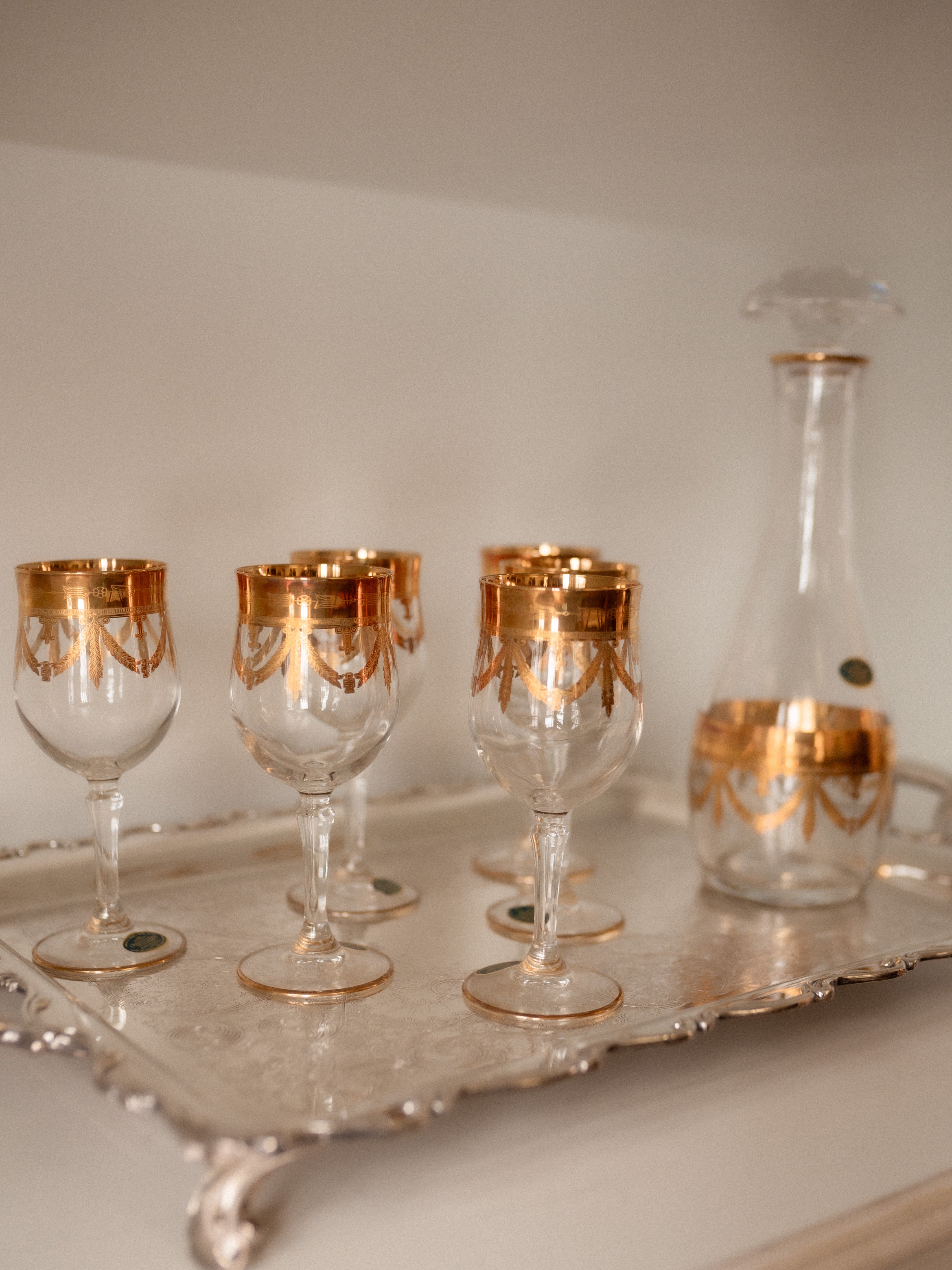 Vintage Italian Crystal Decanter + 6 Glasses Set
