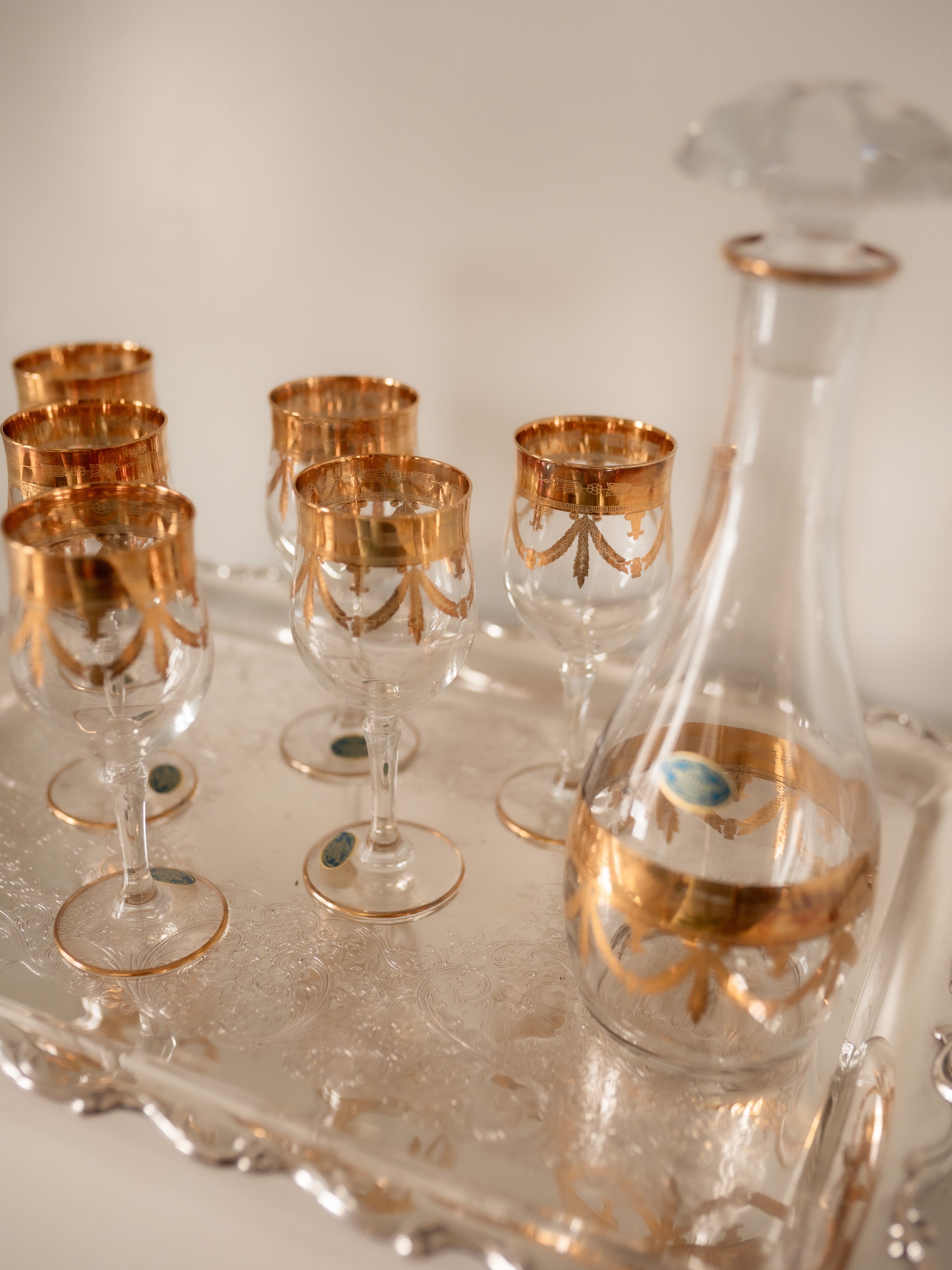 Vintage Italian Crystal Decanter + 6 Glasses Set